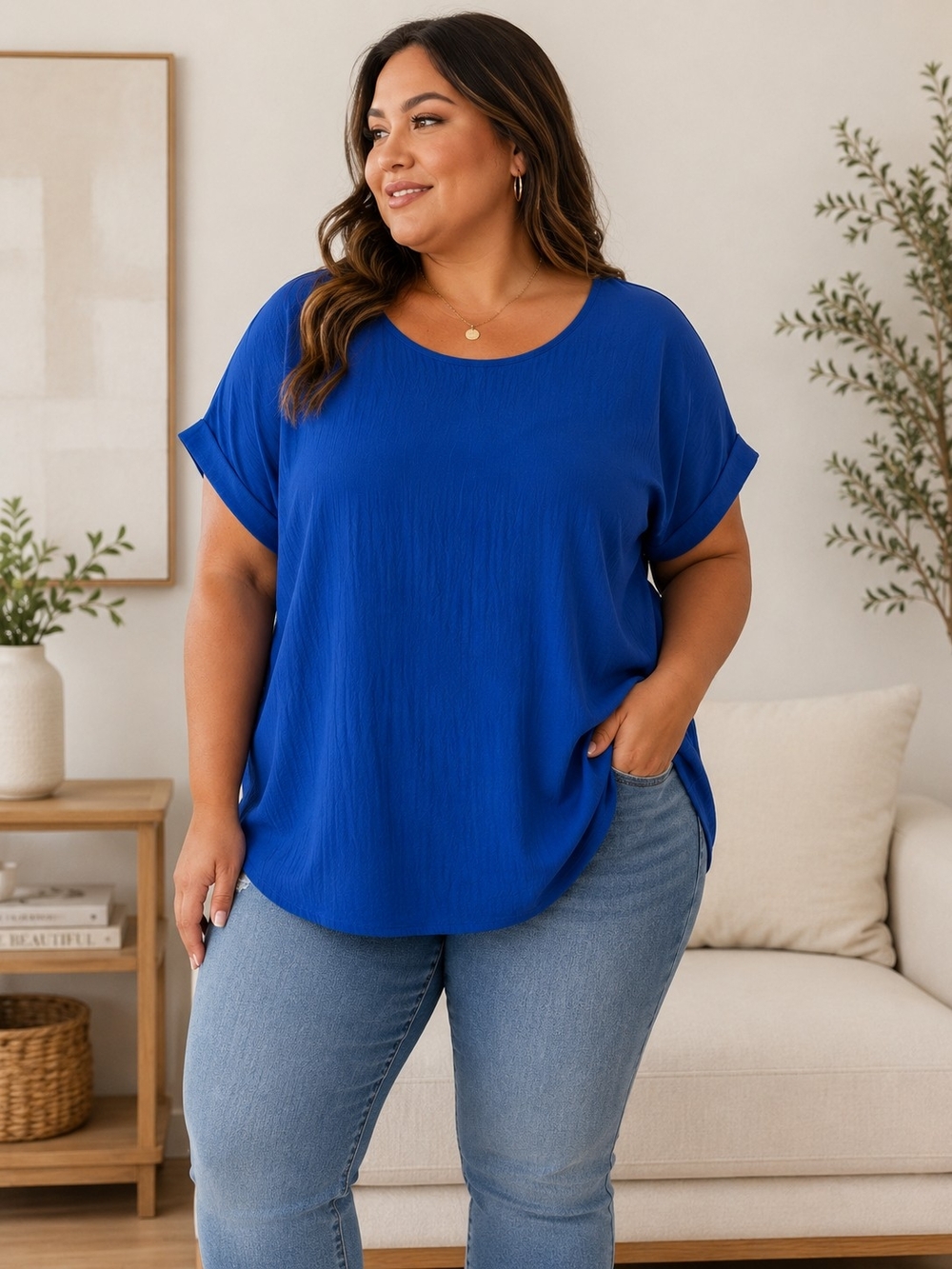 PerSeption Concept Short Sleeve Scoop Neck Top in Royal Blue XL